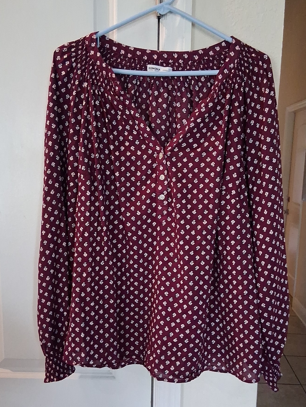 H:  Sonoma Maroon Printed Long-Sleeve Peasant Top